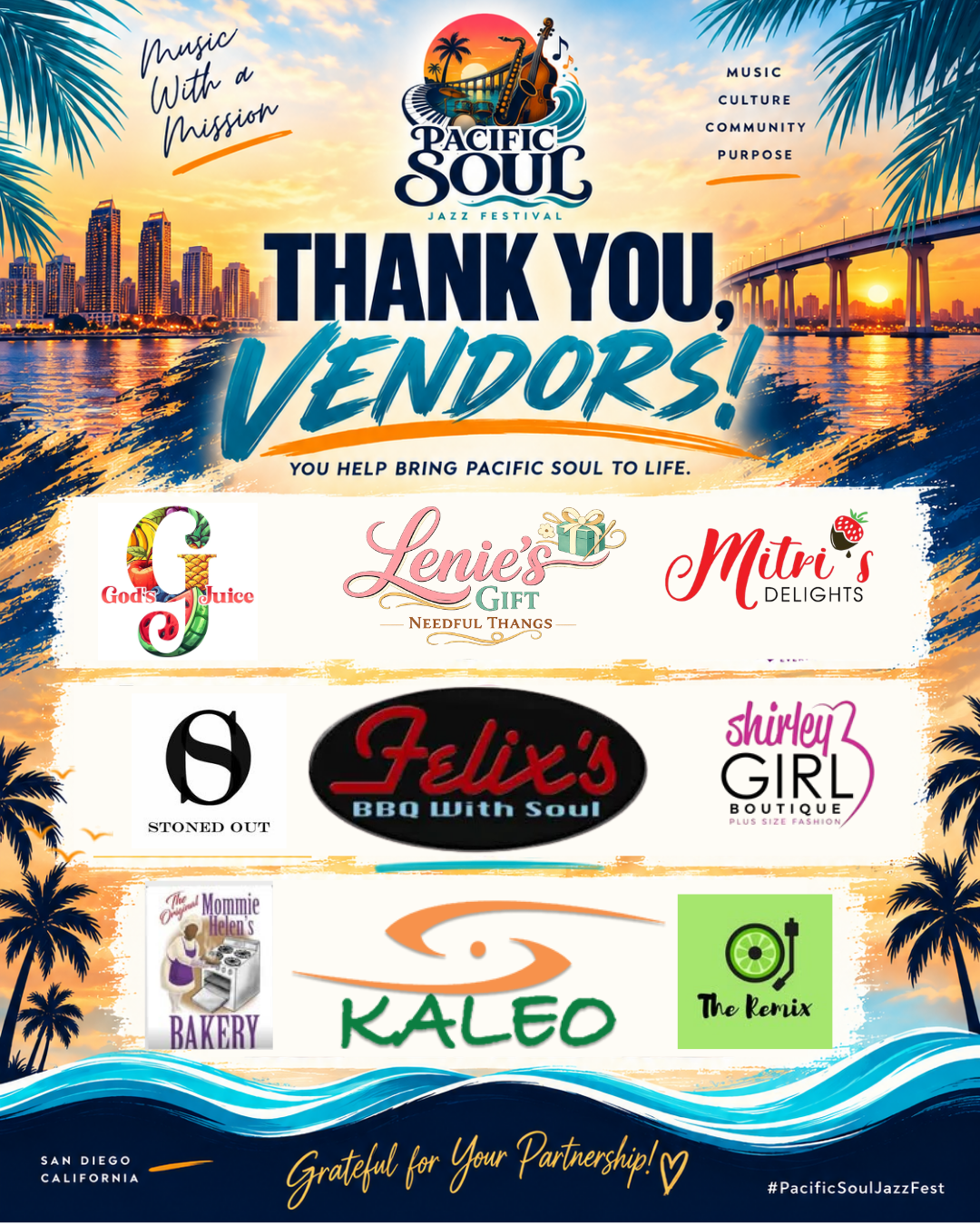 Pacific Soul Jazz Festival thank you to 2026 vendors — vendor group one